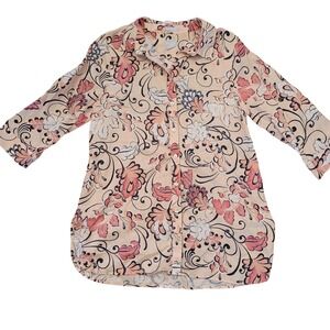 Chicos 1 Linen Blend Pink Floral Print Button Up Shirt M 8 Classic Summer Career